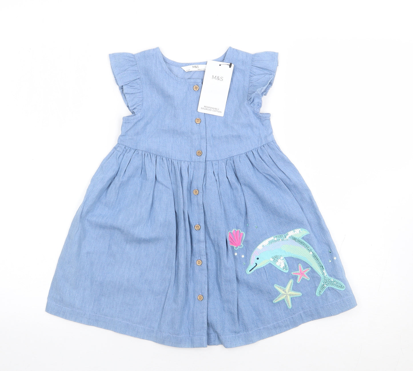 Marks and Spencer Girls Blue 100% Cotton Shirt Dress Size 3-4 Years Round Neck Button - Dolphin