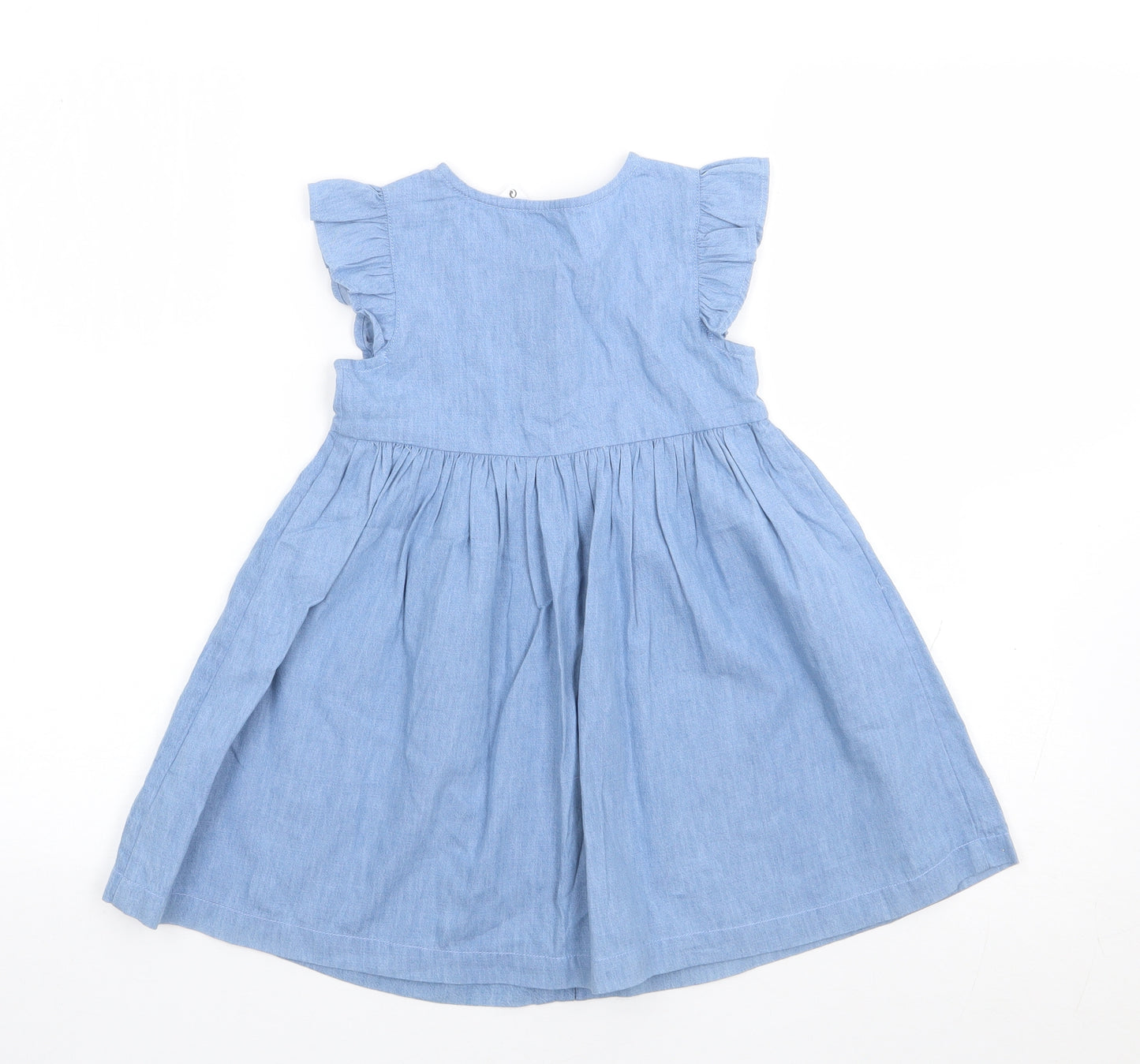 Marks and Spencer Girls Blue 100% Cotton Shirt Dress Size 3-4 Years Round Neck Button - Dolphin
