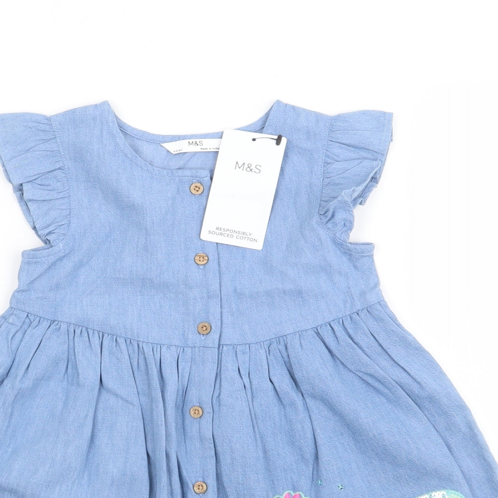 Marks and Spencer Girls Blue 100% Cotton Shirt Dress Size 3-4 Years Round Neck Button - Dolphin