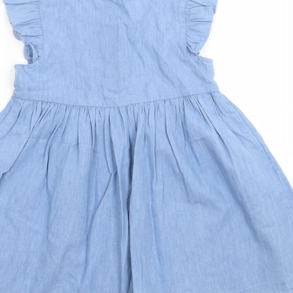 Marks and Spencer Girls Blue 100% Cotton Shirt Dress Size 3-4 Years Round Neck Button - Dolphin