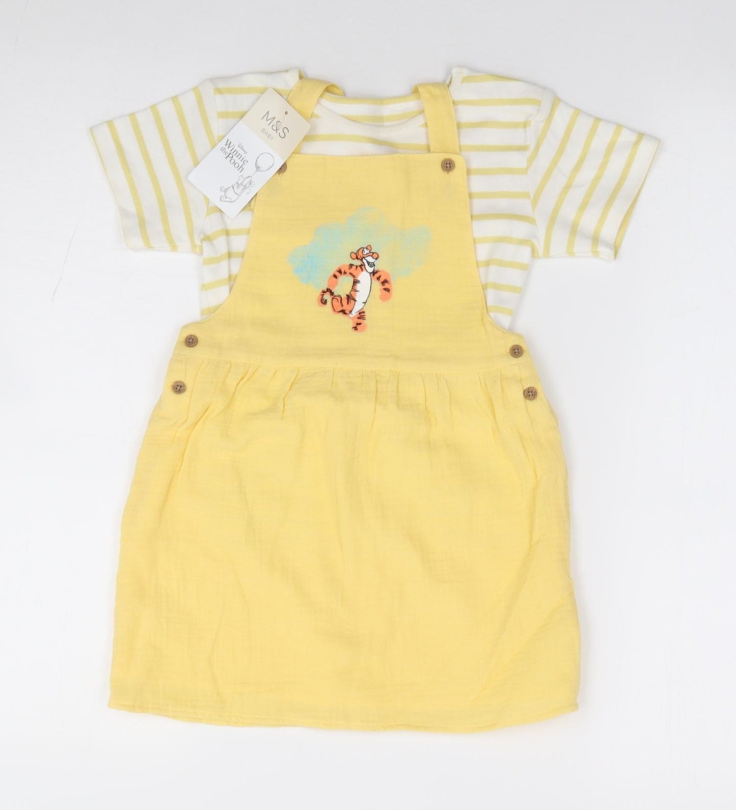 Marks and Spencer Girls Yellow Striped 100% Cotton Pinafore/Dungaree Dress Size 2-3 Years Crew Neck Pullover - Tigger, Winnie The Pooh