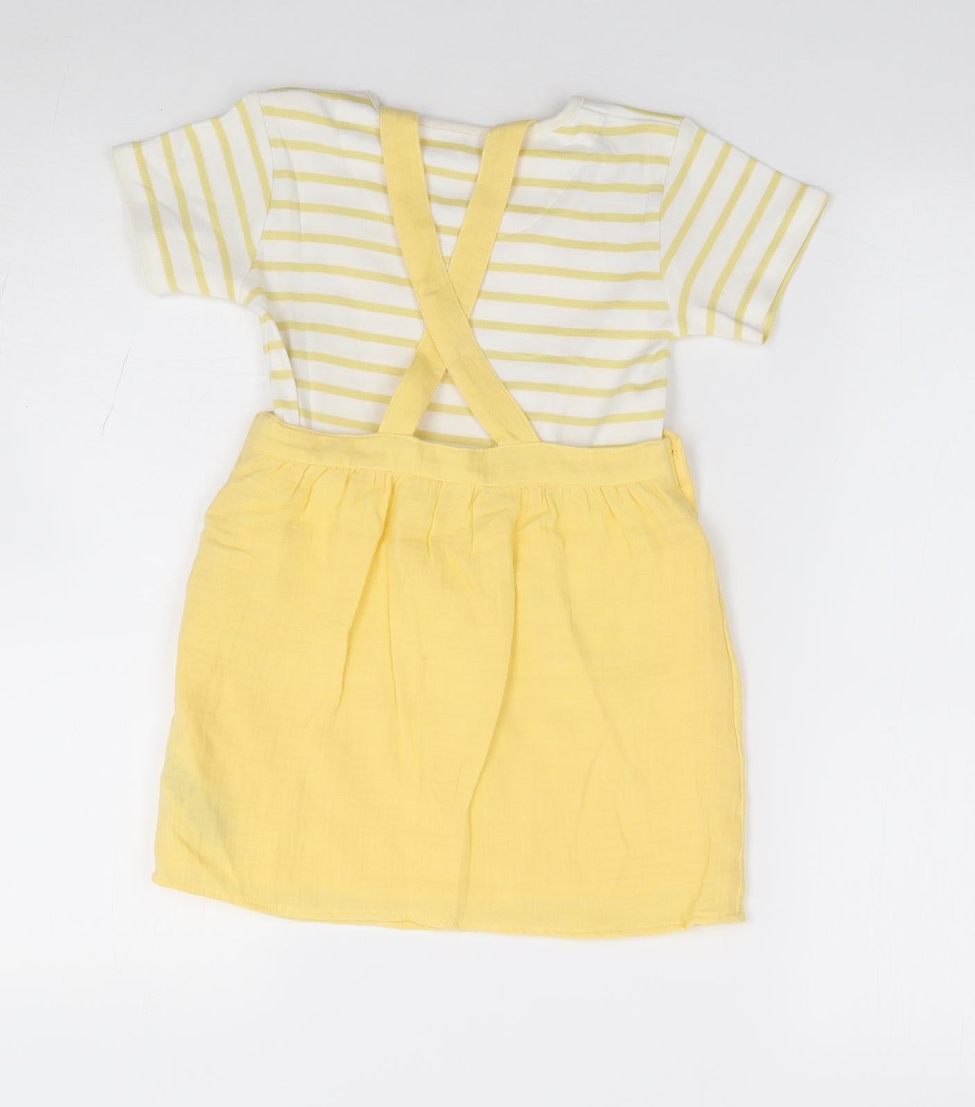 Marks and Spencer Girls Yellow Striped 100% Cotton Pinafore/Dungaree Dress Size 2-3 Years Crew Neck Pullover - Tigger, Winnie The Pooh