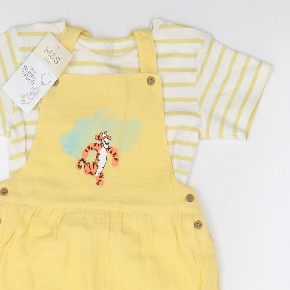 Marks and Spencer Girls Yellow Striped 100% Cotton Pinafore/Dungaree Dress Size 2-3 Years Crew Neck Pullover - Tigger, Winnie The Pooh