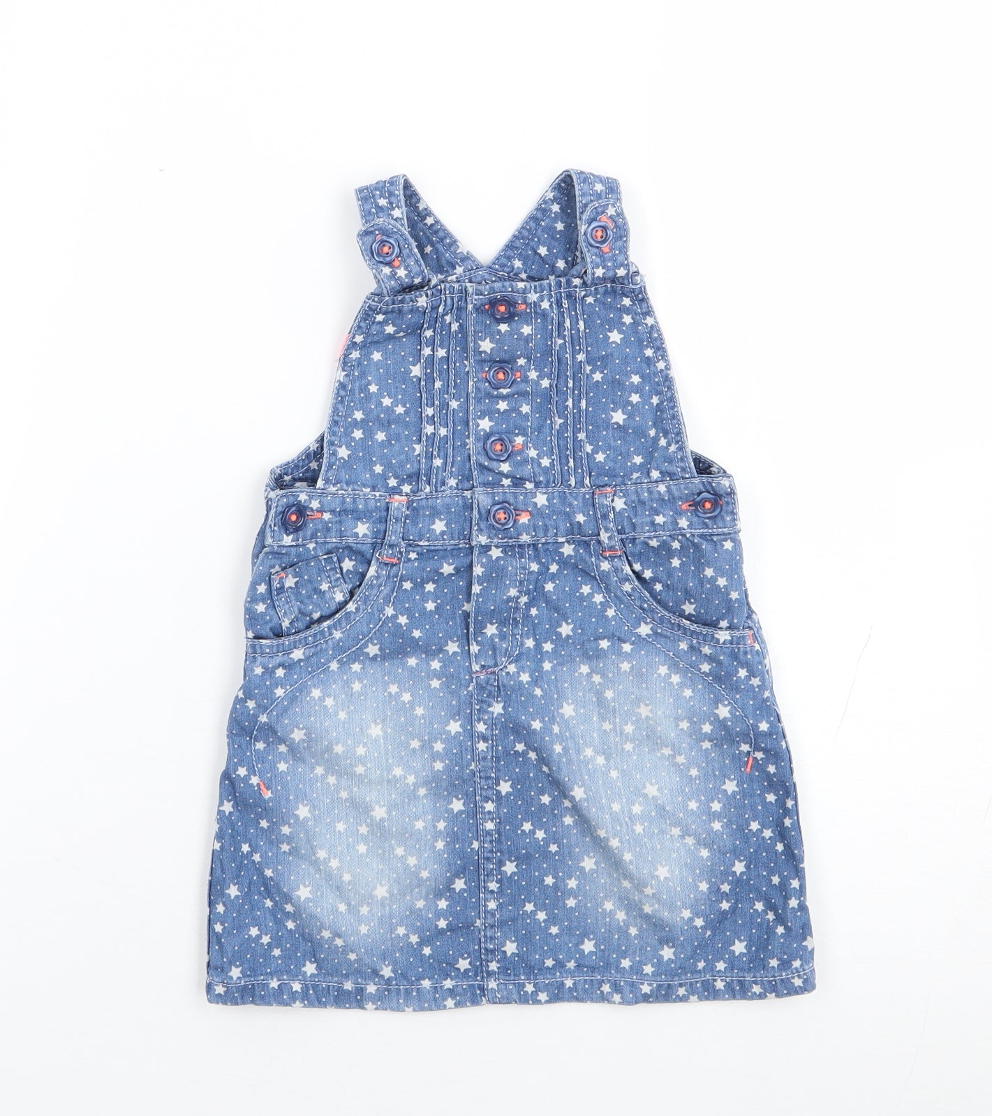Marks and Spencer Girls Blue Geometric 100% Cotton Pinafore/Dungaree Dress Size 12-18 Months Square Neck Button - Star