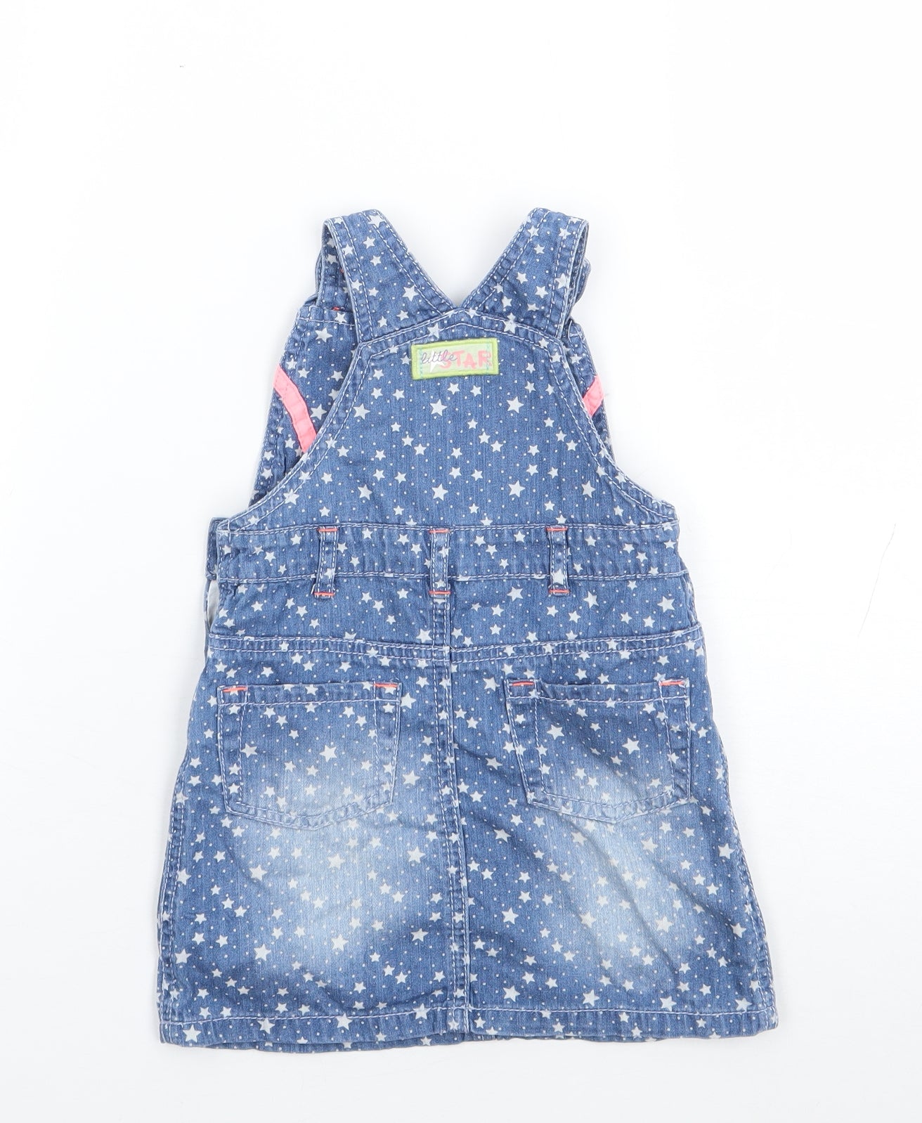 Marks and Spencer Girls Blue Geometric 100% Cotton Pinafore/Dungaree Dress Size 12-18 Months Square Neck Button - Star