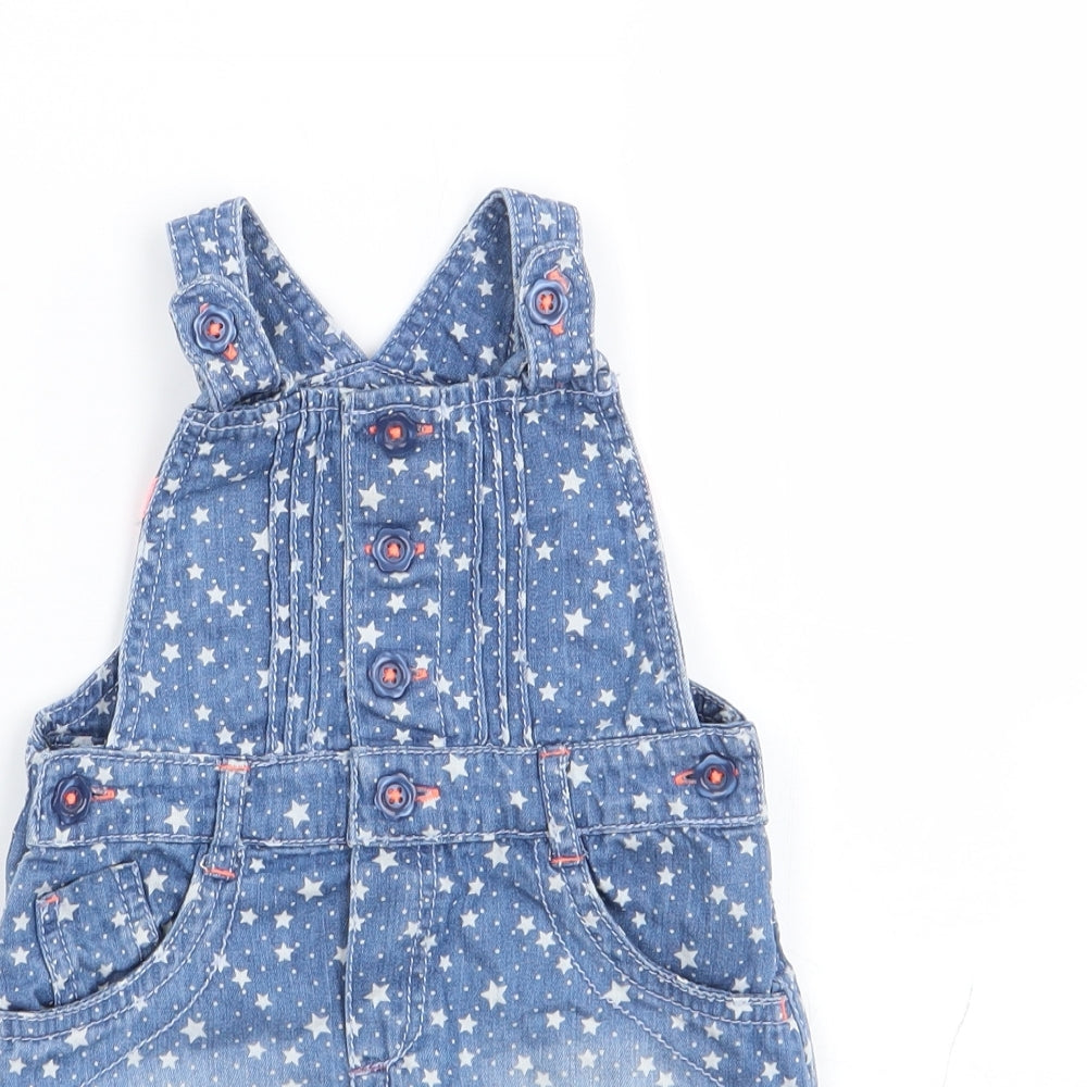 Marks and Spencer Girls Blue Geometric 100% Cotton Pinafore/Dungaree Dress Size 12-18 Months Square Neck Button - Star