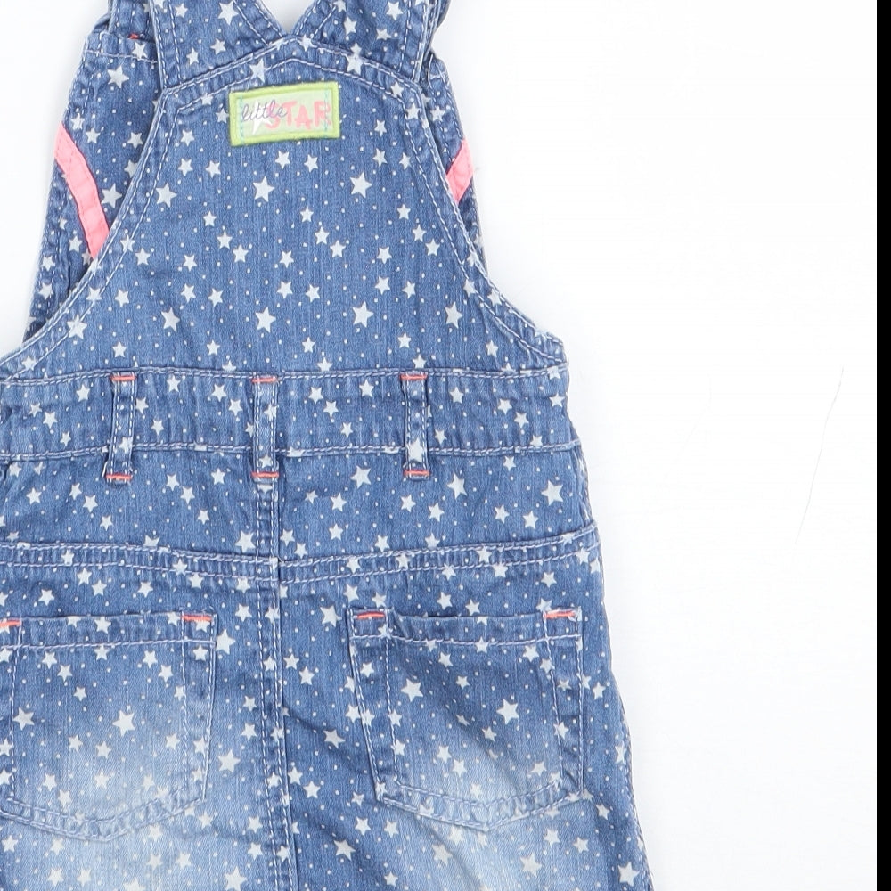 Marks and Spencer Girls Blue Geometric 100% Cotton Pinafore/Dungaree Dress Size 12-18 Months Square Neck Button - Star