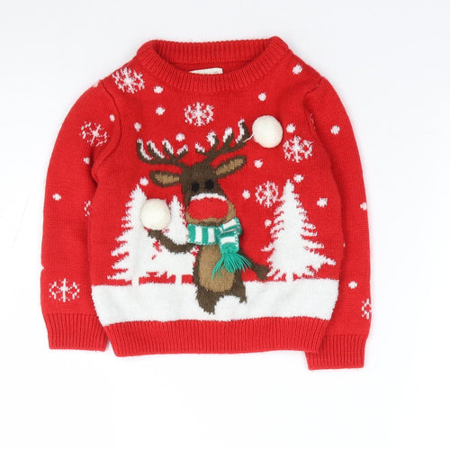 F&F Boys Red Crew Neck Acrylic Pullover Jumper Size 2-3 Years Pullover - Christmas