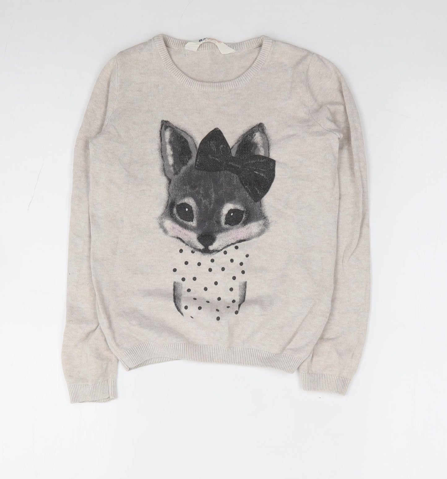 H&M Girls Beige Crew Neck 100% Cotton Pullover Jumper Size 8-9 Years Pullover