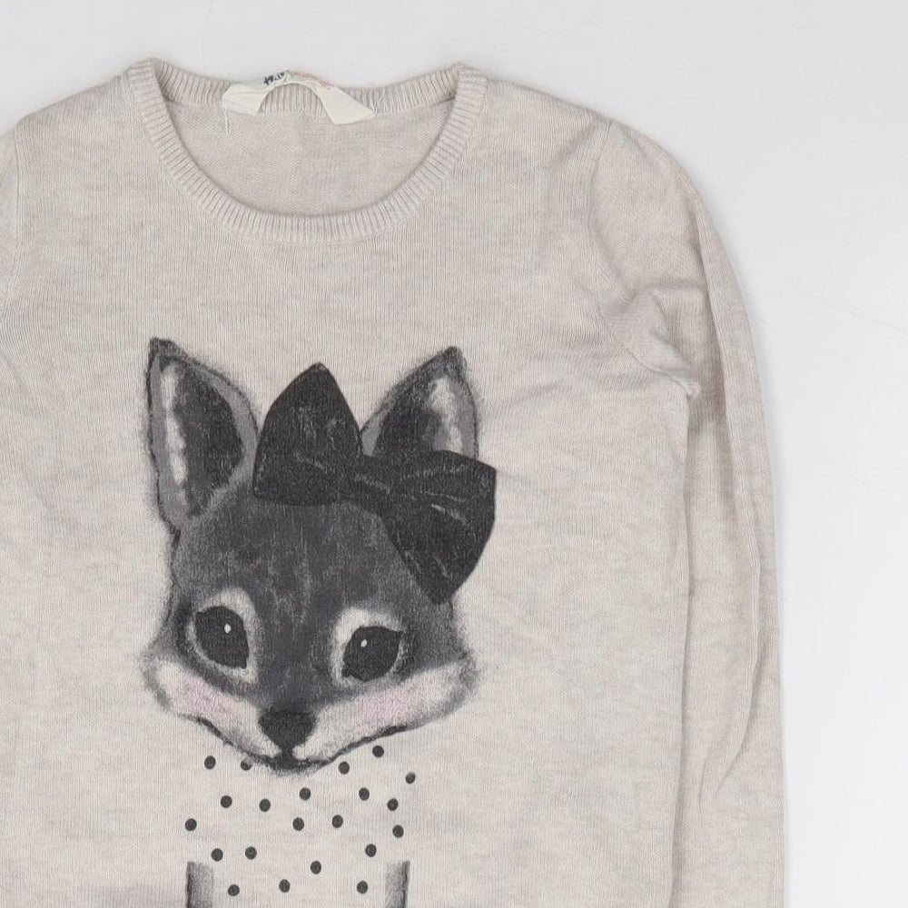 H&M Girls Beige Crew Neck 100% Cotton Pullover Jumper Size 8-9 Years Pullover