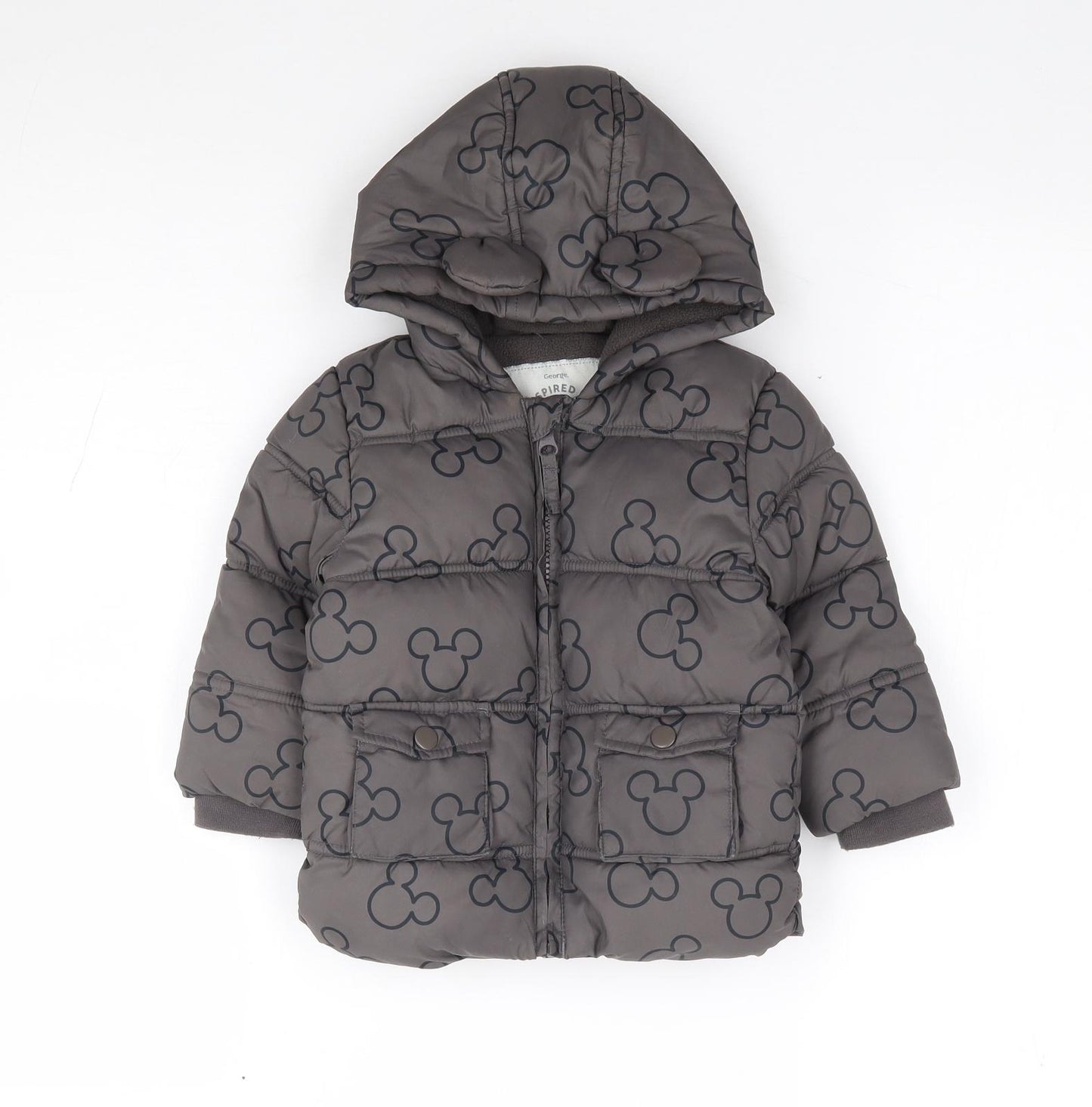 George Boys Grey Geometric Parka Coat Size 9-12 Months Zip - Micket Mouse