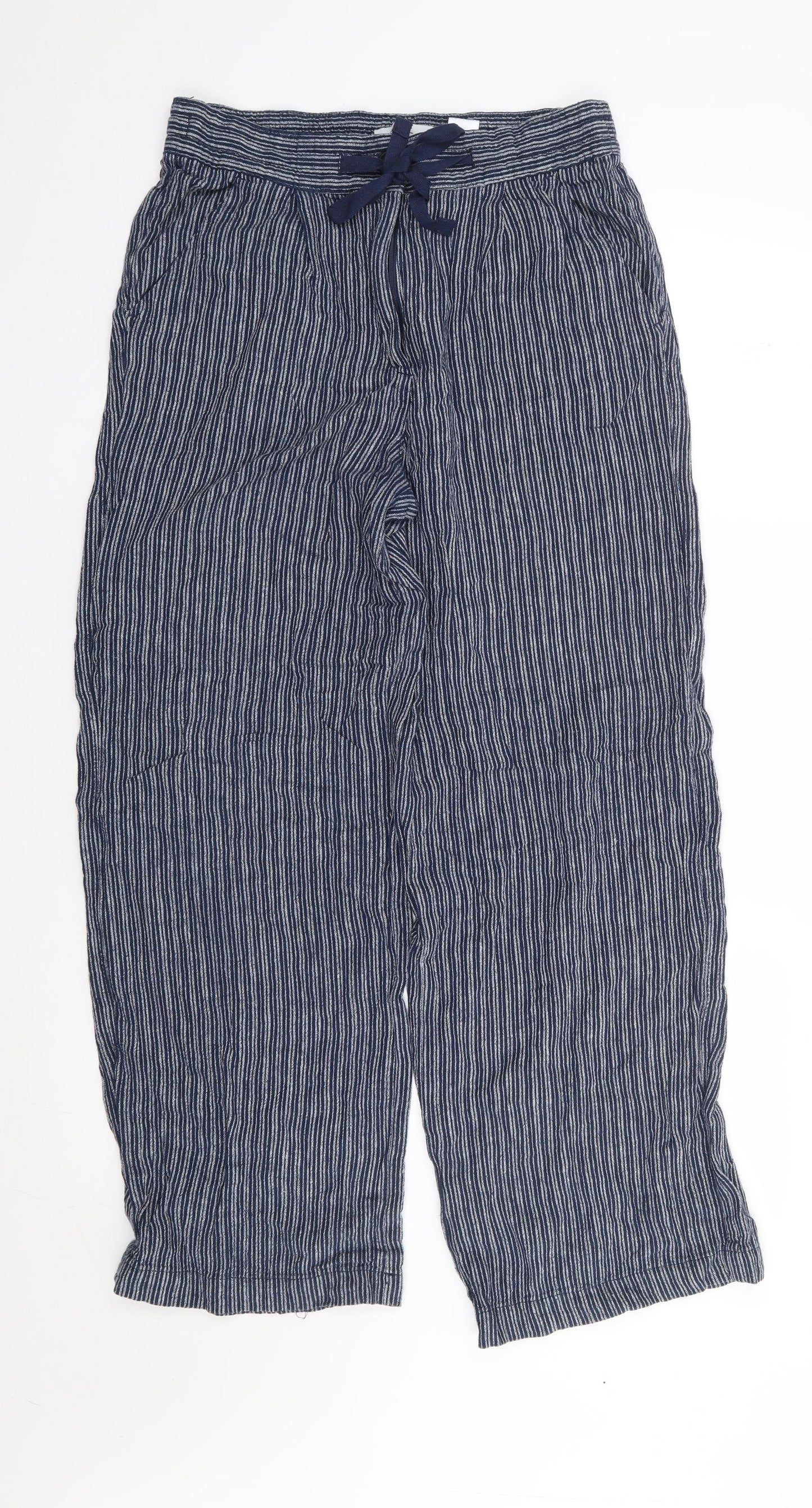 NEXT Womens Blue Striped Linen Trousers Size 10 L29 in Regular Drawstring