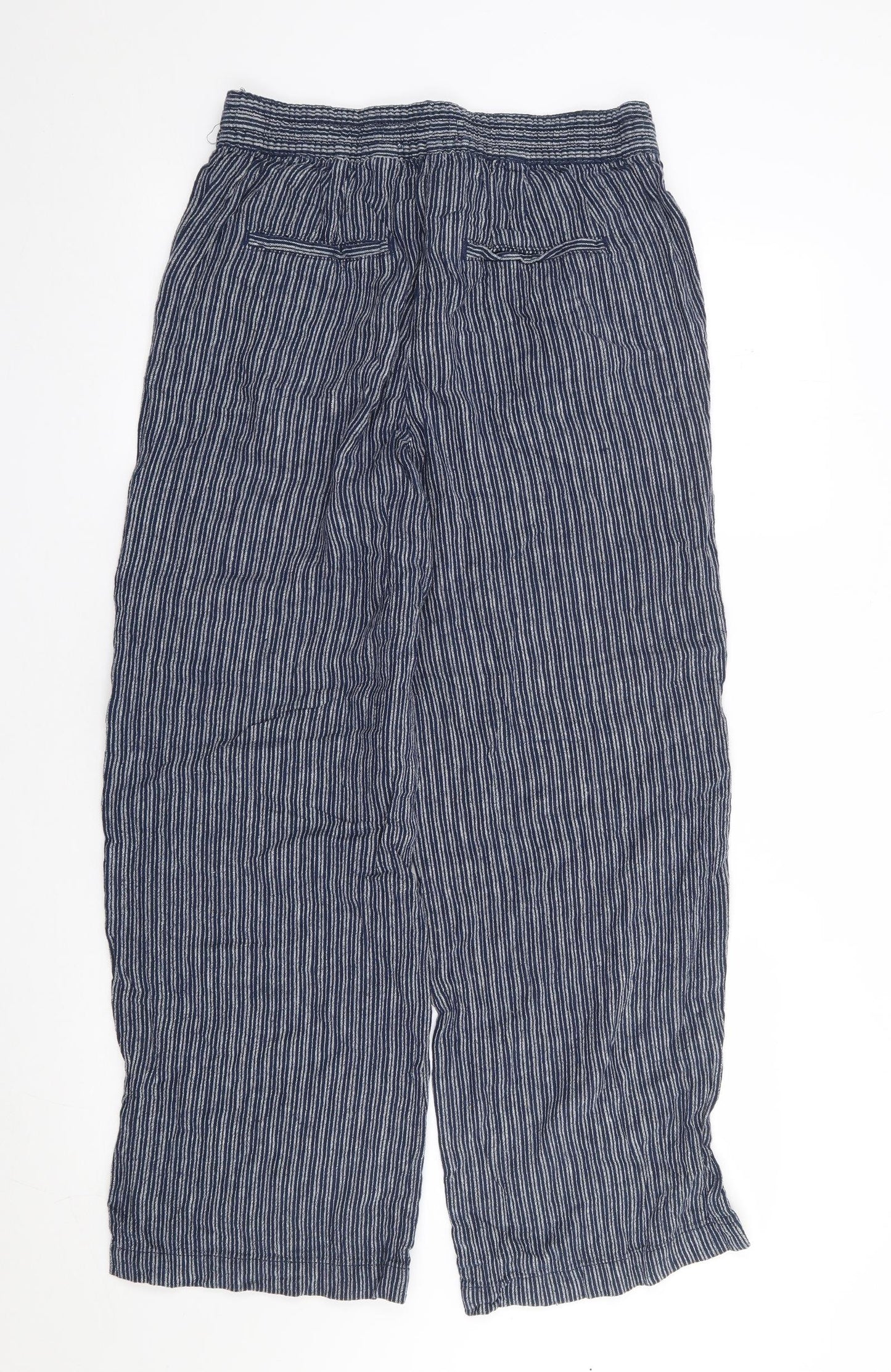 NEXT Womens Blue Striped Linen Trousers Size 10 L29 in Regular Drawstring
