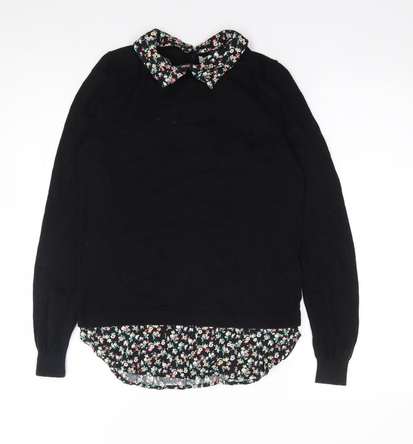 Oasis Womens Black Collared Floral Cotton Pullover Jumper Size XS