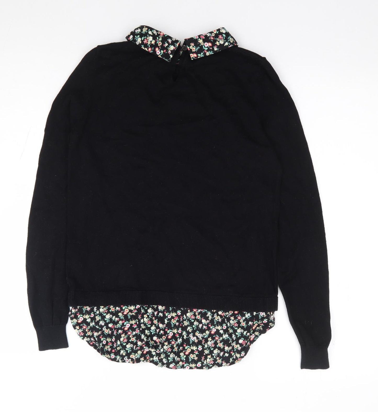 Oasis Womens Black Collared Floral Cotton Pullover Jumper Size XS