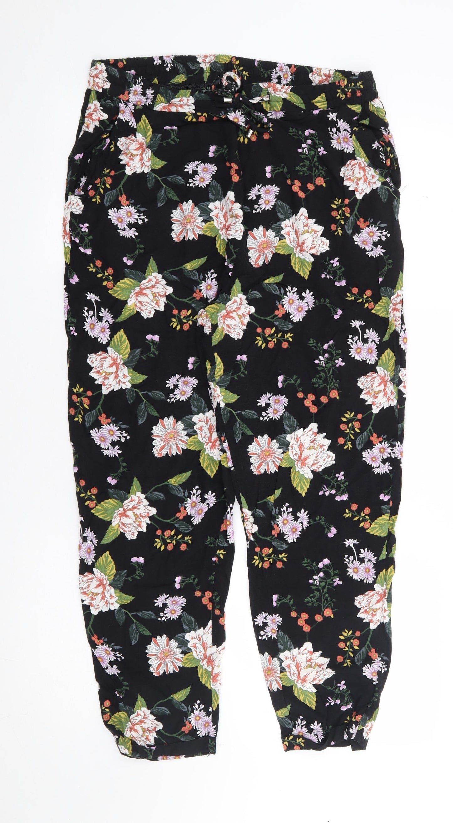 Primark Womens Black Floral Viscose Trousers Size 16 L27 in Regular Drawstring
