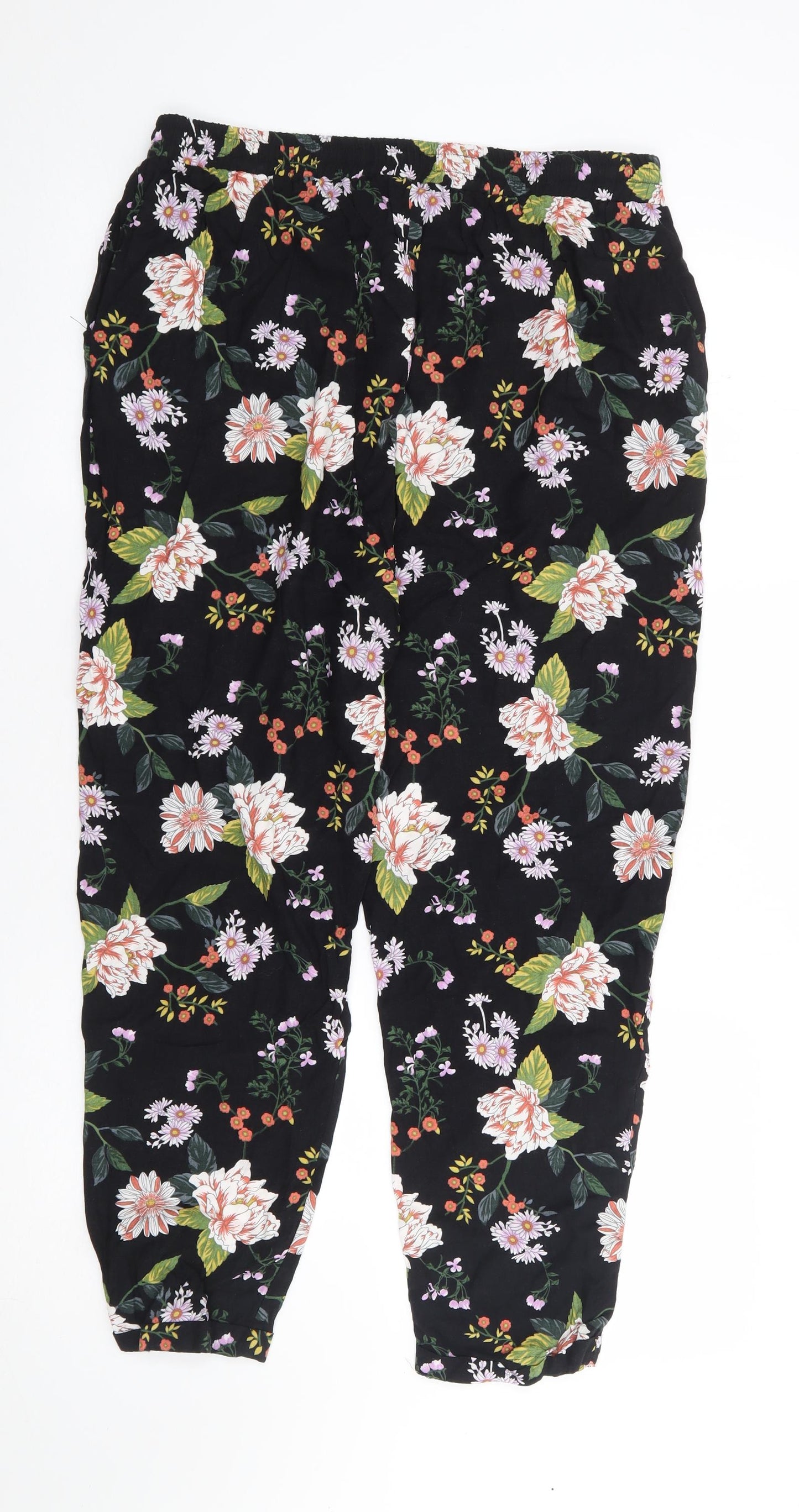 Primark Womens Black Floral Viscose Trousers Size 16 L27 in Regular Drawstring