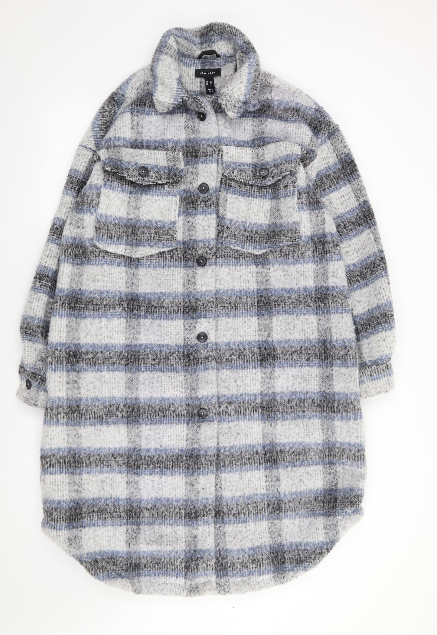 New Look Womens Blue Plaid Jacket Coat Size 12 Button - Shacket