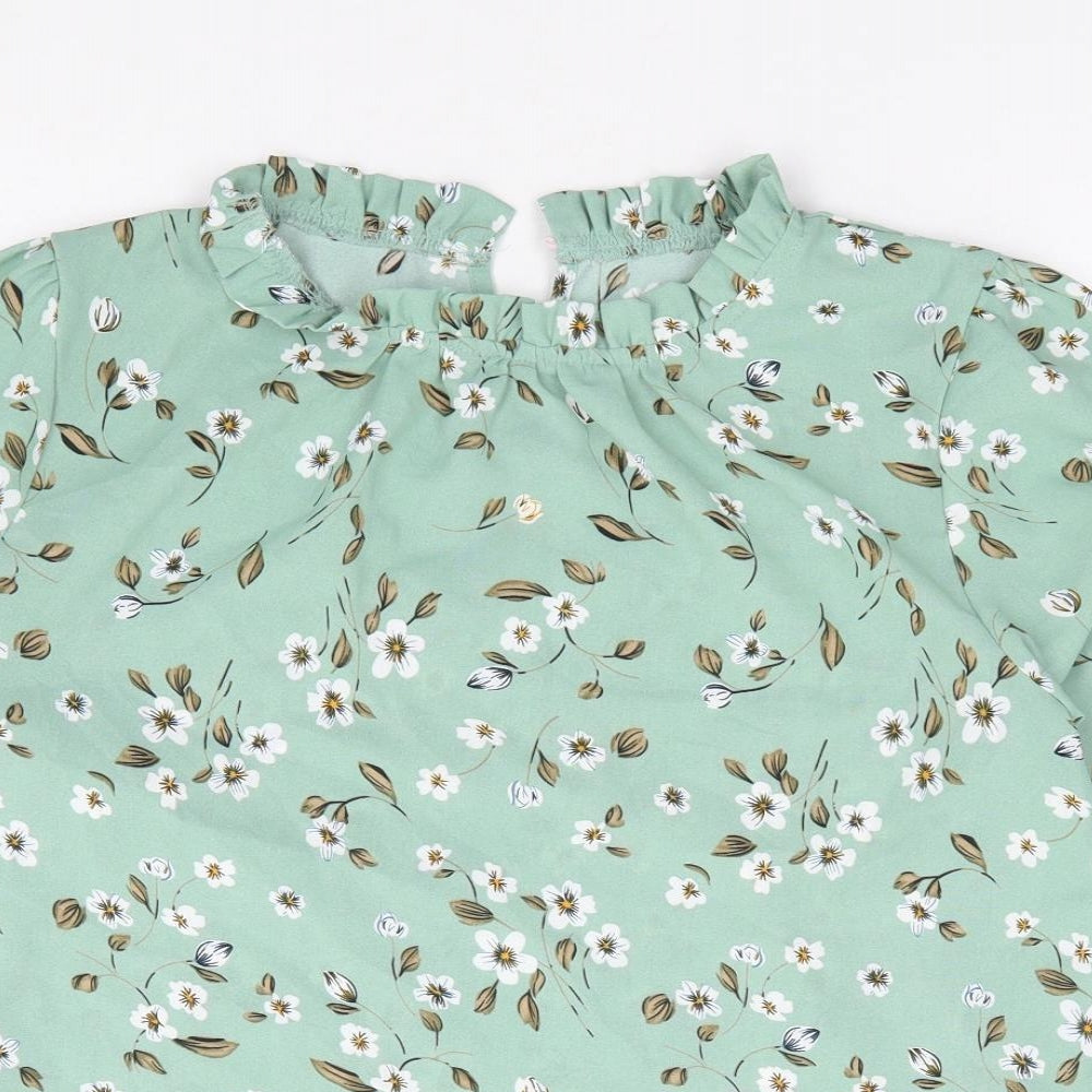 SheIn Womens Green Floral Polyester Jersey Blouse Size S Crew Neck