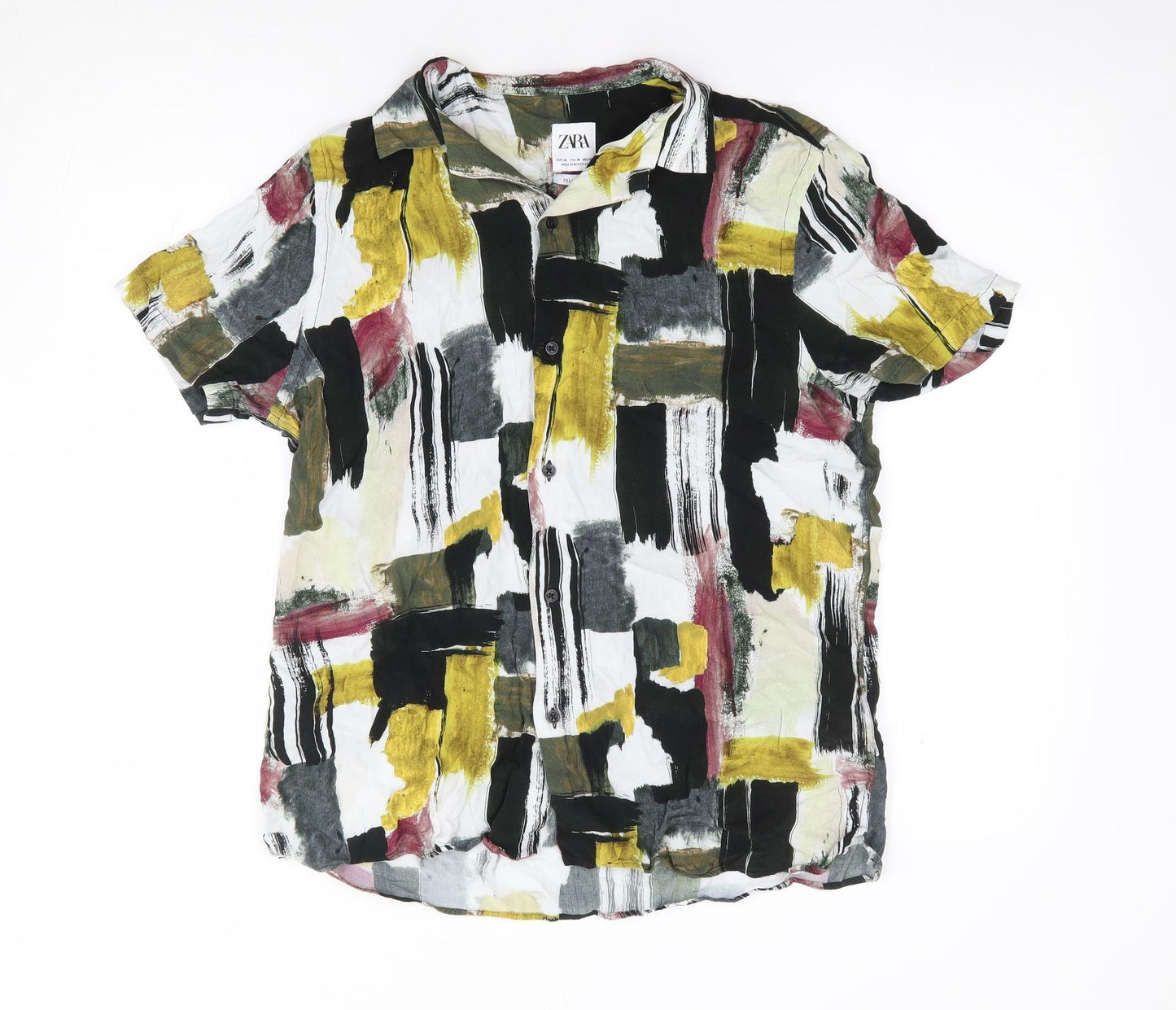Zara Mens Multicoloured Geometric Viscose Button-Up Size M Collared Button