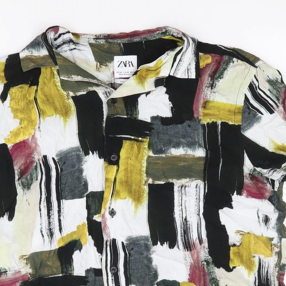 Zara Mens Multicoloured Geometric Viscose Button-Up Size M Collared Button