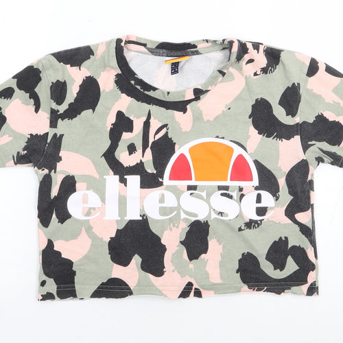 ellesse Womens Green Camouflage 100% Cotton Cropped T-Shirt Size 4 Crew Neck
