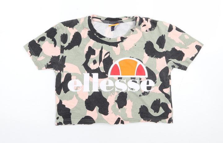 ellesse Womens Green Camouflage 100% Cotton Cropped T-Shirt Size 4 Crew Neck