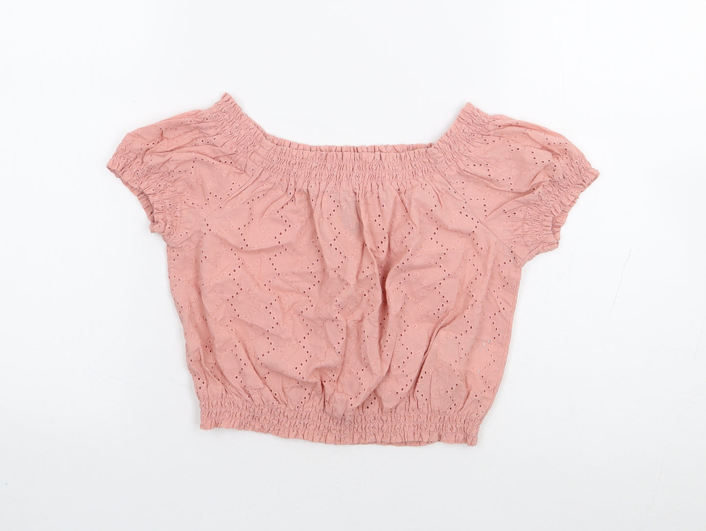 H&M Womens Pink Floral 100% Cotton Cropped T-Shirt Size 6 Off the Shoulder