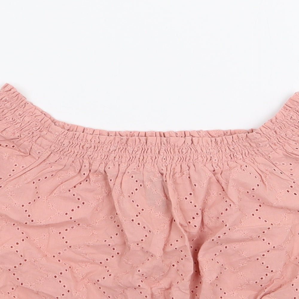 H&M Womens Pink Floral 100% Cotton Cropped T-Shirt Size 6 Off the Shoulder
