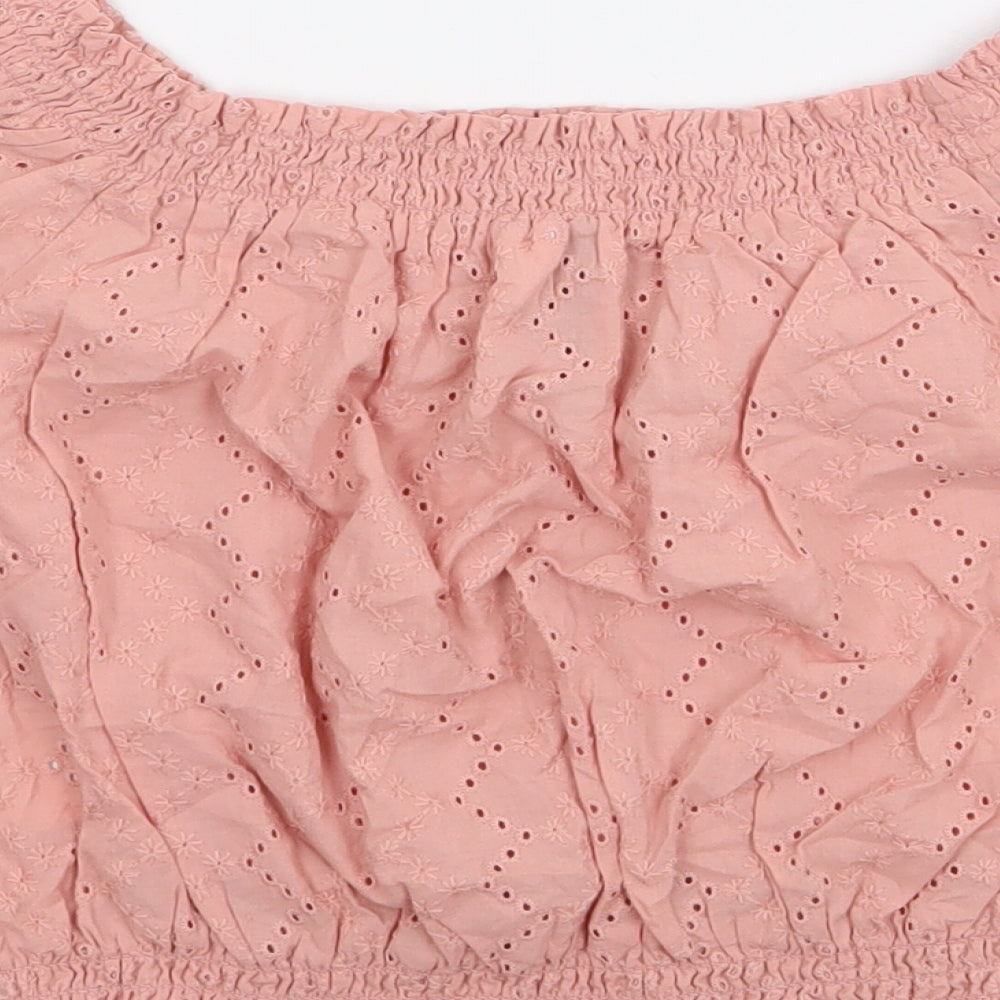 H&M Womens Pink Floral 100% Cotton Cropped T-Shirt Size 6 Off the Shoulder