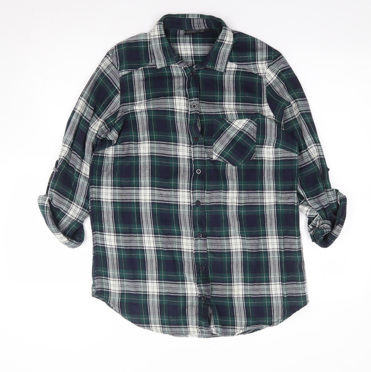 Topshop Womens Green Plaid 100% Cotton Jersey Button-Up Size 12 Collared
