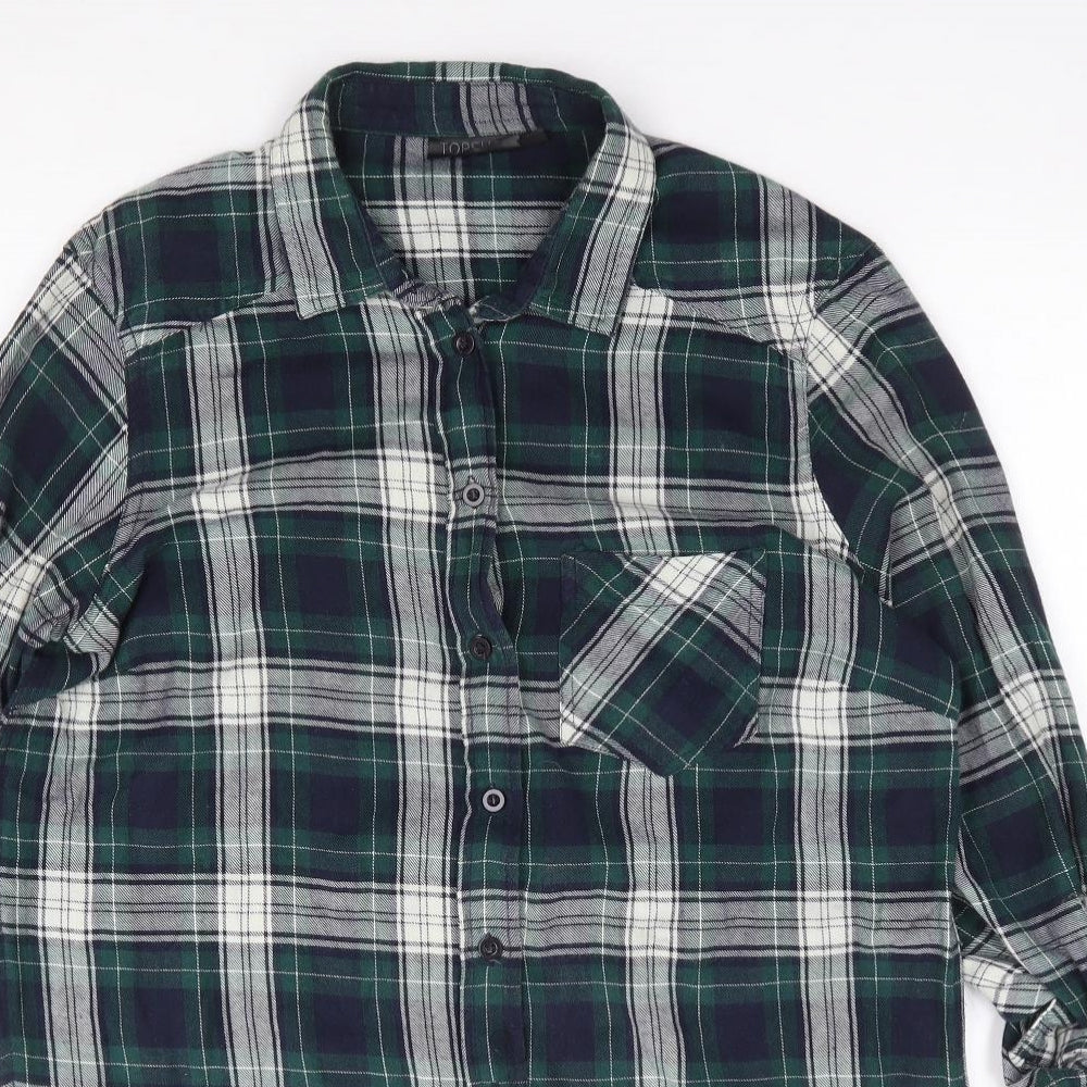 Topshop Womens Green Plaid 100% Cotton Jersey Button-Up Size 12 Collared