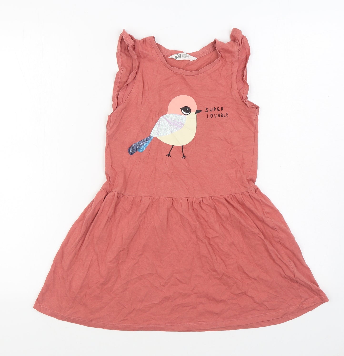 H&M Girls Pink 100% Cotton T-Shirt Dress Size 7-8 Years Round Neck Pullover