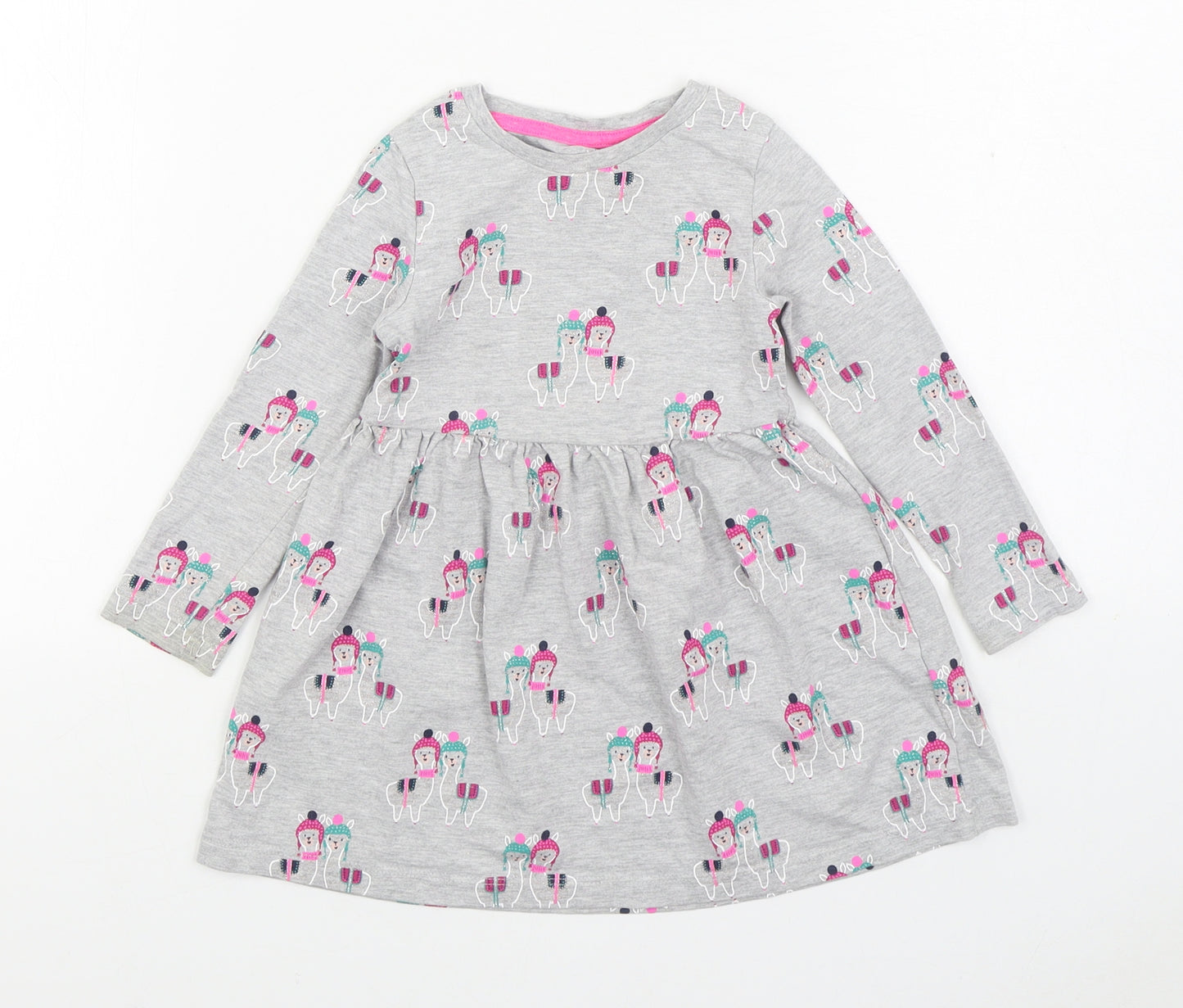 Marks and Spencer Girls Grey Geometric Cotton T-Shirt Dress Size 2-3 Years Round Neck Pullover