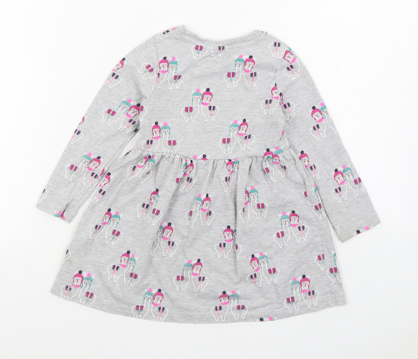Marks and Spencer Girls Grey Geometric Cotton T-Shirt Dress Size 2-3 Years Round Neck Pullover