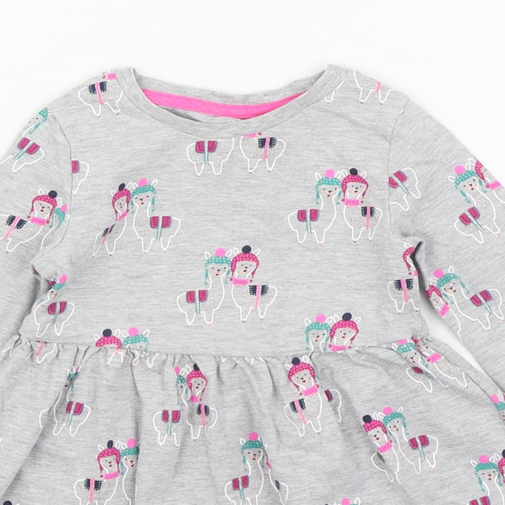 Marks and Spencer Girls Grey Geometric Cotton T-Shirt Dress Size 2-3 Years Round Neck Pullover
