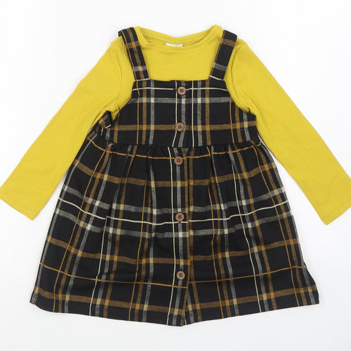 F&F Girls Multicoloured Plaid Cotton Pinafore/Dungaree Dress Size 3-4 Years Round Neck Button - 2 Piece set
