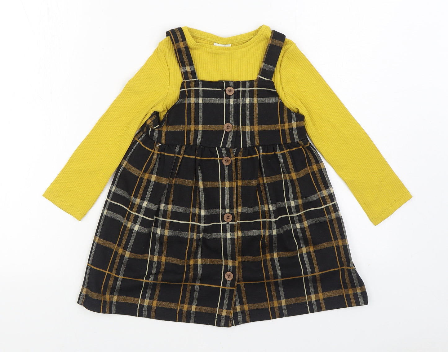 F&F Girls Multicoloured Plaid Cotton Pinafore/Dungaree Dress Size 3-4 Years Round Neck Button - 2 Piece set