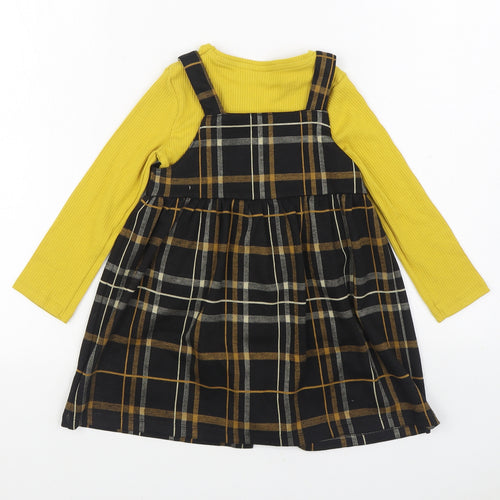 F&F Girls Multicoloured Plaid Cotton Pinafore/Dungaree Dress Size 3-4 Years Round Neck Button - 2 Piece set