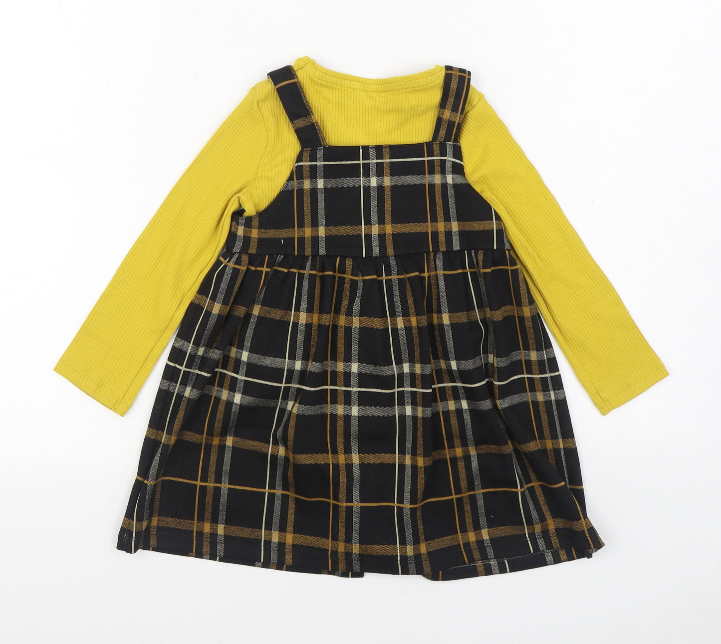 F&F Girls Multicoloured Plaid Cotton Pinafore/Dungaree Dress Size 3-4 Years Round Neck Button - 2 Piece set