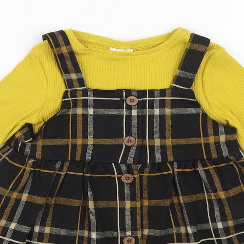 F&F Girls Multicoloured Plaid Cotton Pinafore/Dungaree Dress Size 3-4 Years Round Neck Button - 2 Piece set