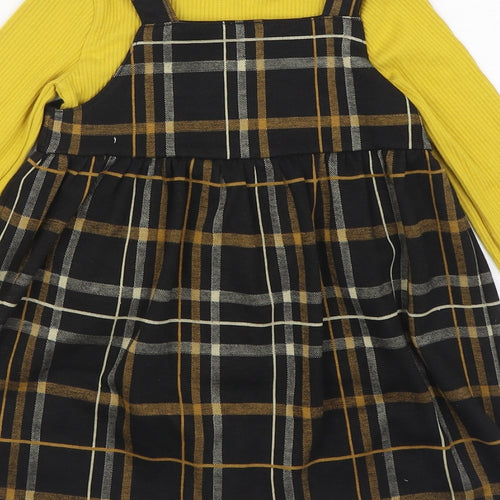 F&F Girls Multicoloured Plaid Cotton Pinafore/Dungaree Dress Size 3-4 Years Round Neck Button - 2 Piece set