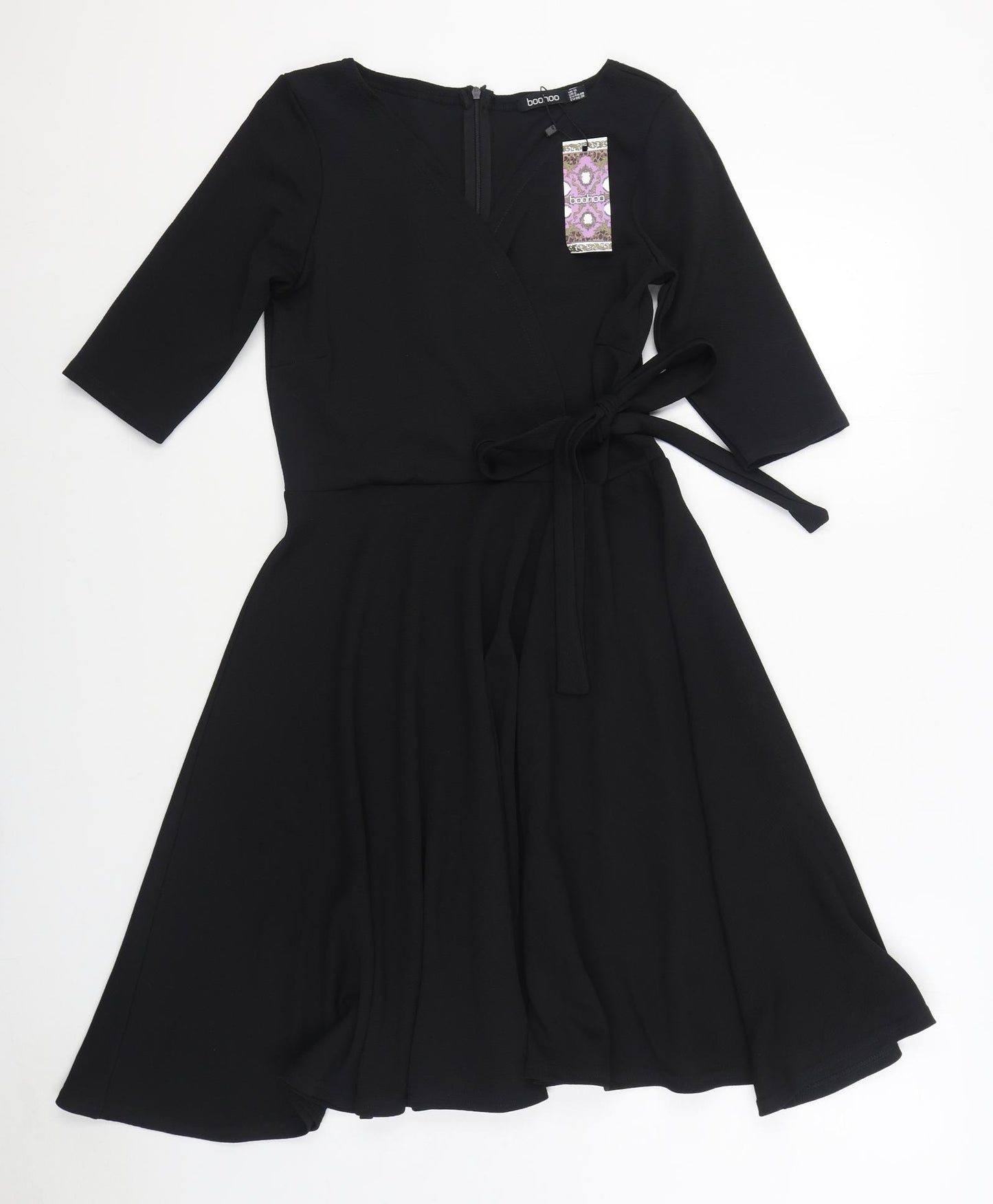 Boohoo Womens Black Polyester Skater Dress Size 12 V-Neck Tie