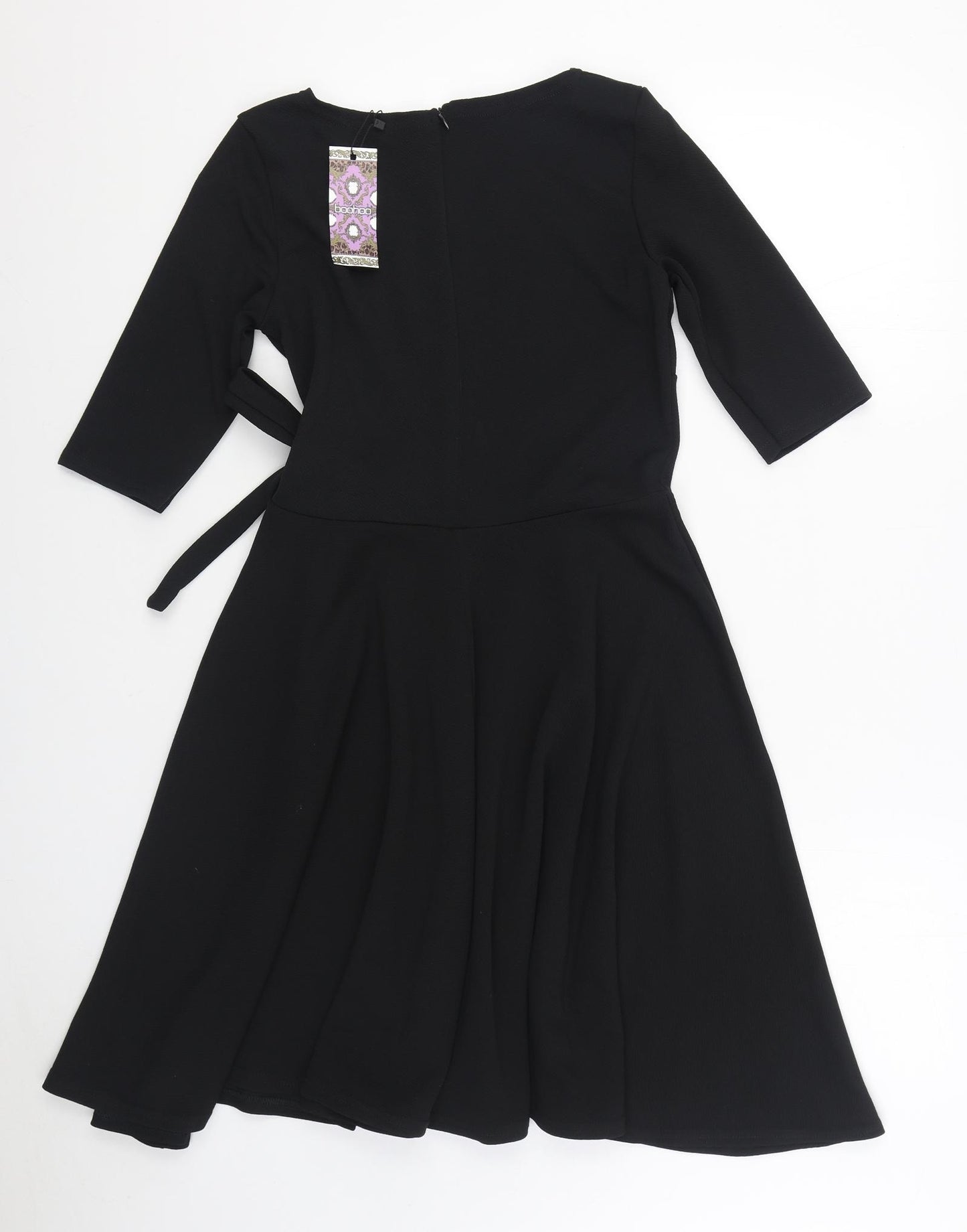 Boohoo Womens Black Polyester Skater Dress Size 12 V-Neck Tie