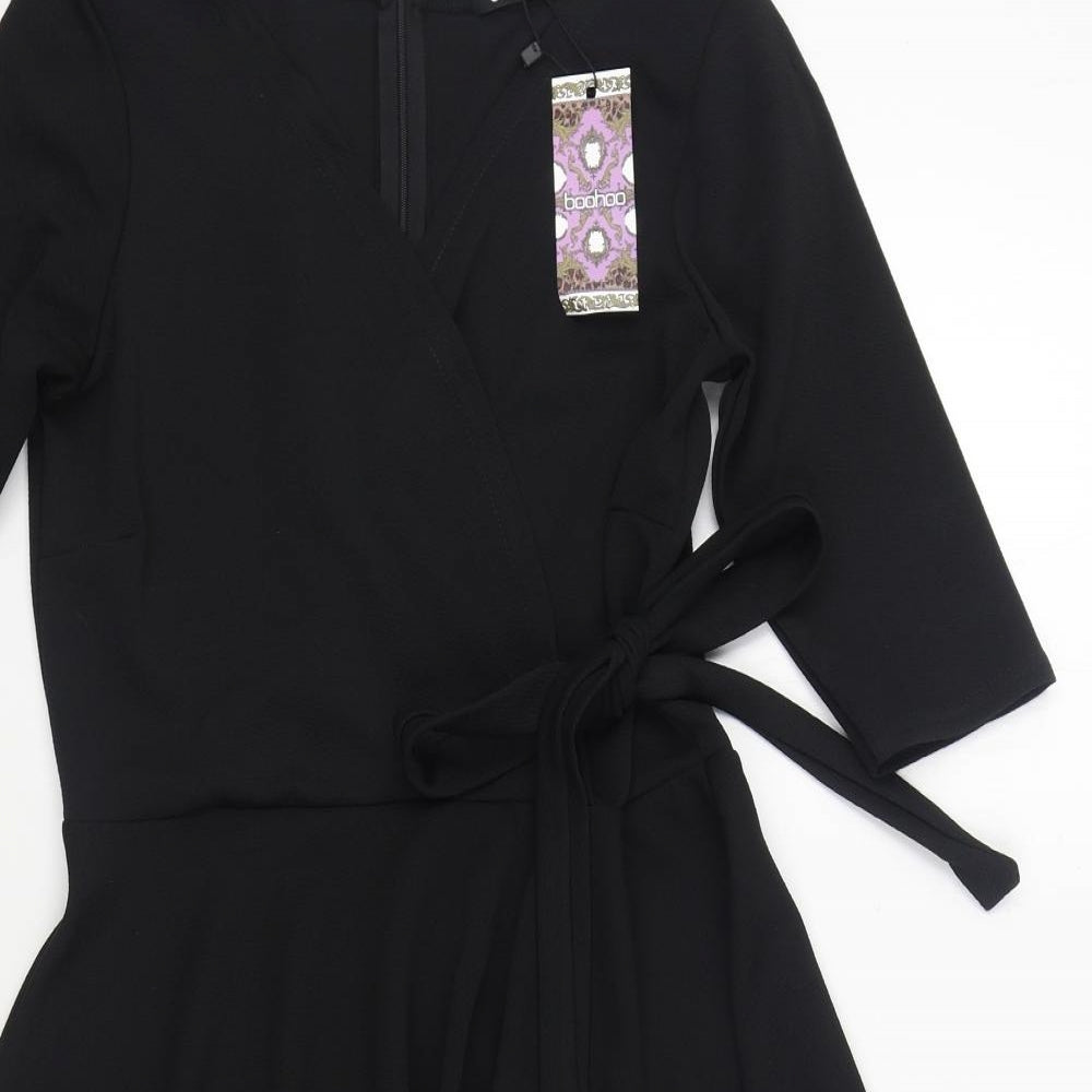 Boohoo Womens Black Polyester Skater Dress Size 12 V-Neck Tie