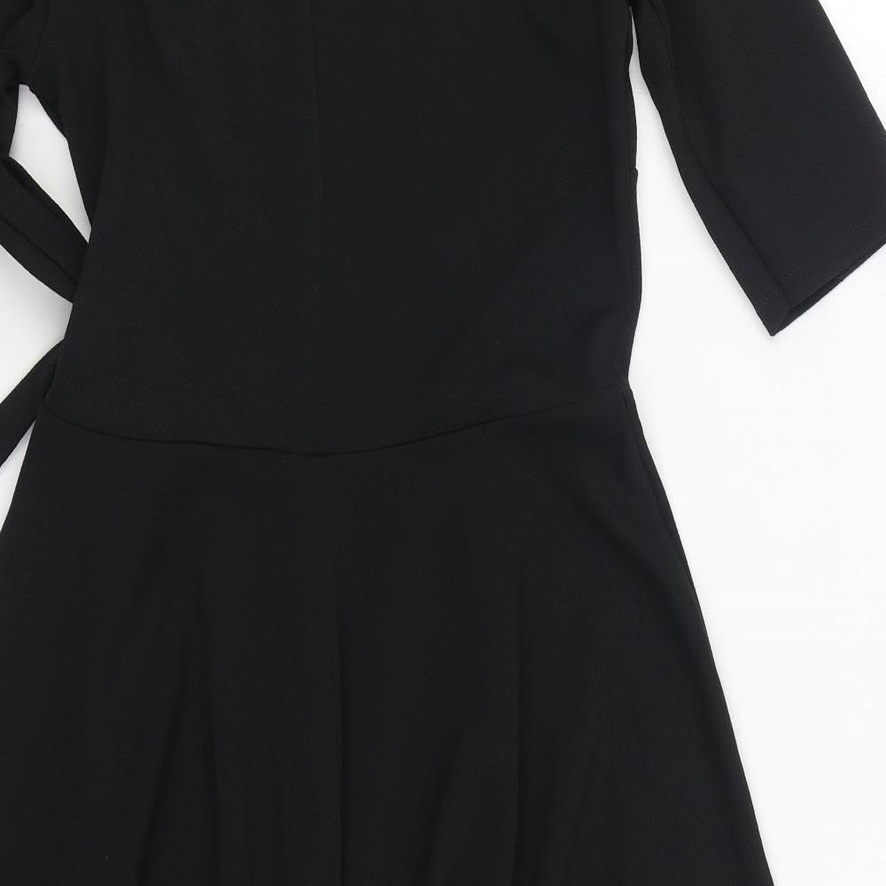 Boohoo Womens Black Polyester Skater Dress Size 12 V-Neck Tie