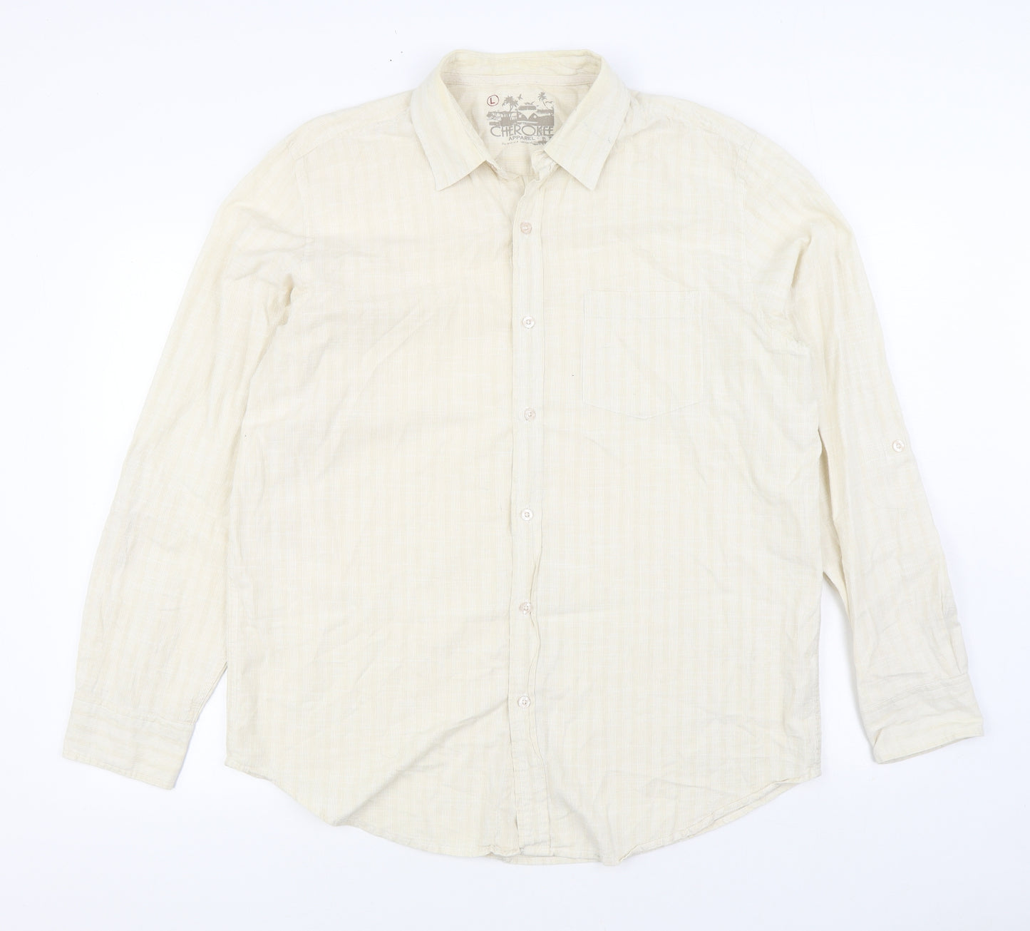 Cherokee Mens Beige Cotton Button-Up Size L Collared Button