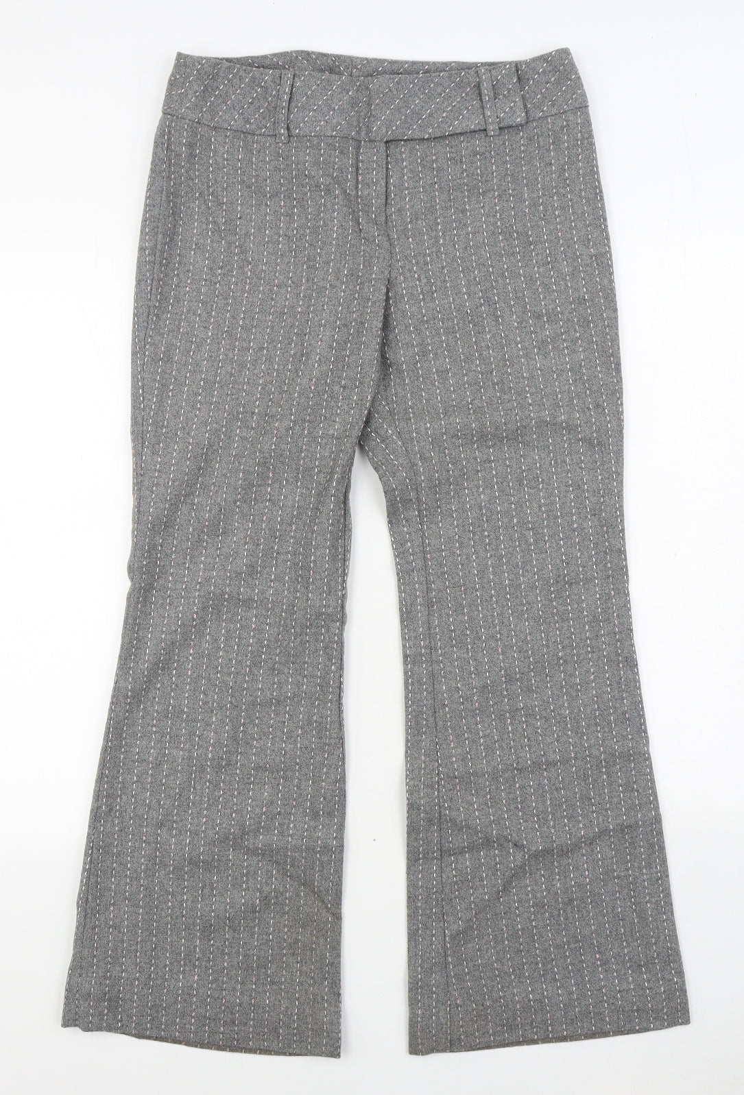 NEXT Womens Grey Striped Wool Trousers Size 10 L28 in Regular Zip