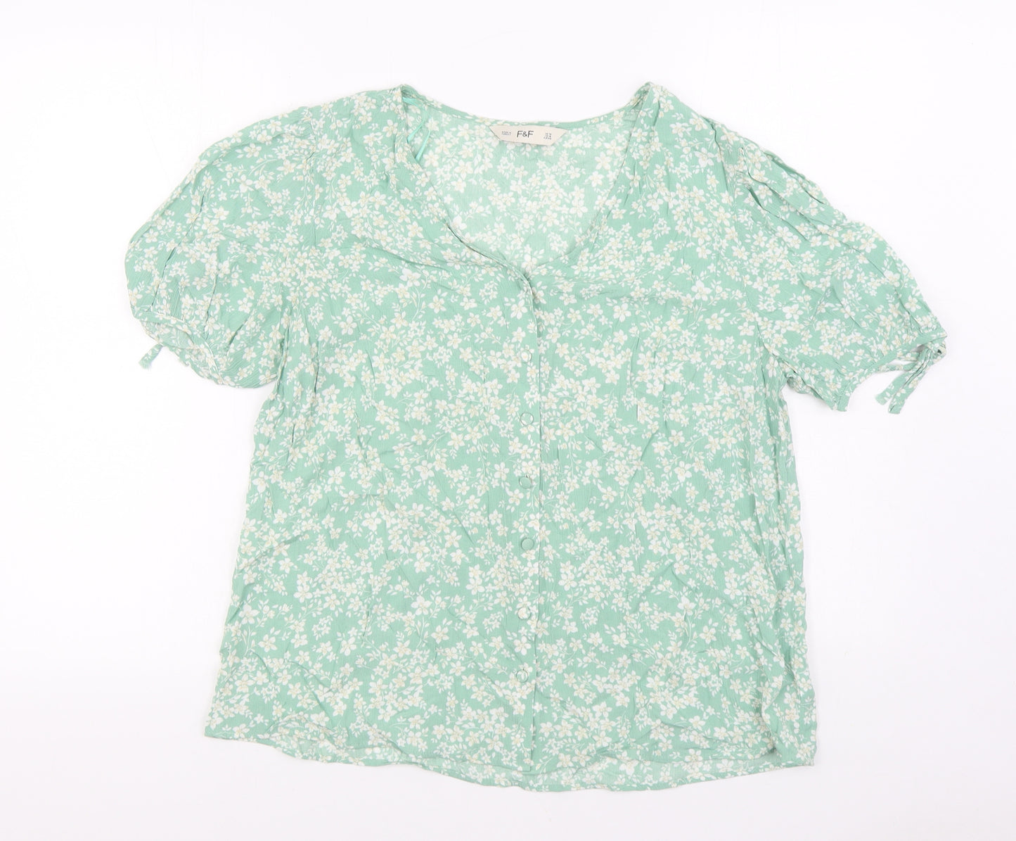 F&F Womens Green Geometric Viscose Basic Blouse Size 14 V-Neck