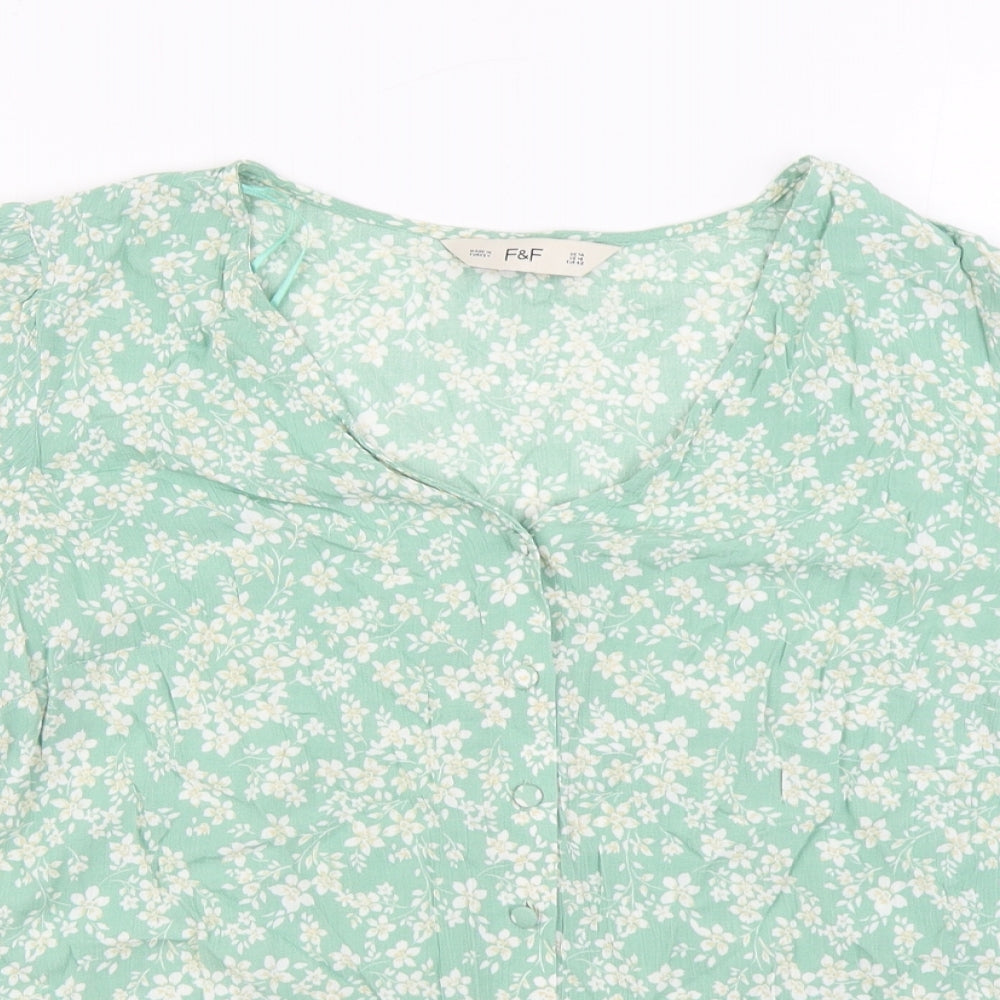 F&F Womens Green Geometric Viscose Basic Blouse Size 14 V-Neck